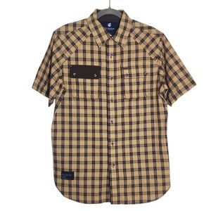 Rocawear Brown and Yellow Plaid Short Sleeve Button-Down Shirt Size Medium